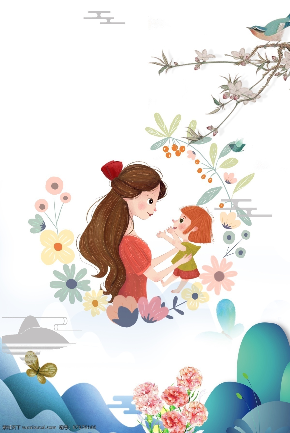 温馨 花卉 母亲节 海报 背景 文艺 清新 卡通 手绘 质感 纹理 人物