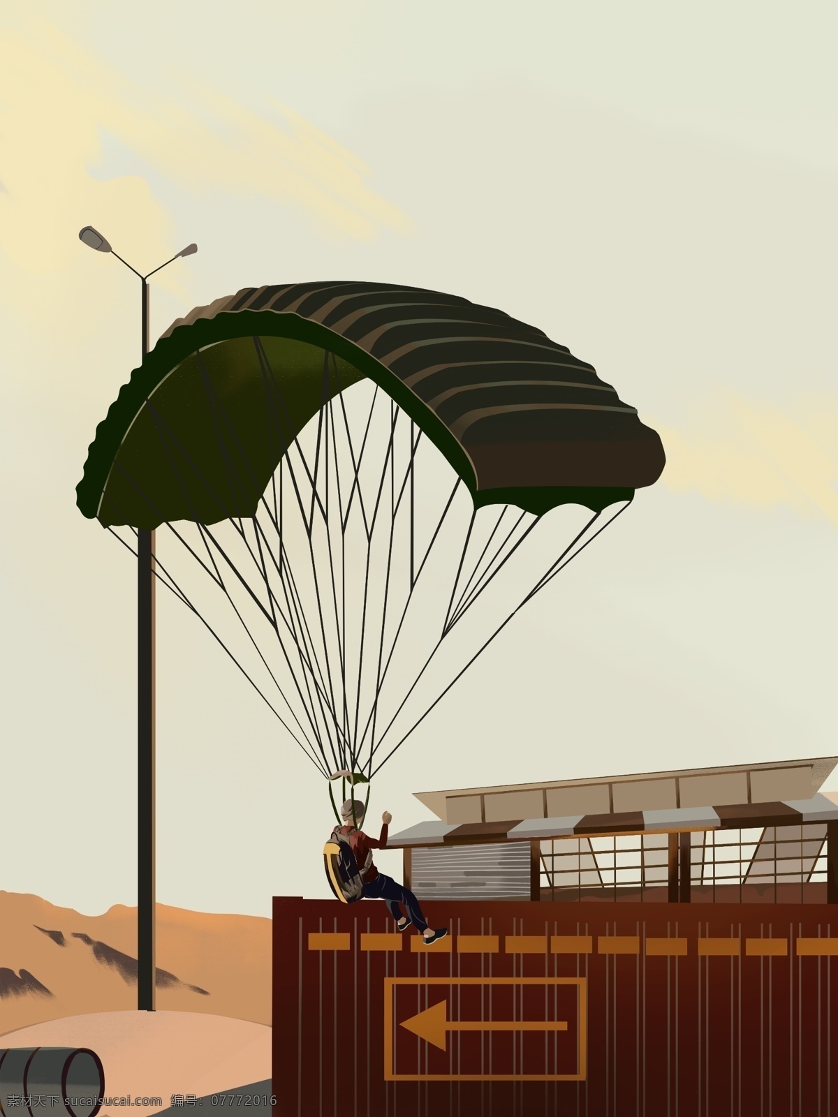 刺激 战场 游戏 插画 降落伞 沙漠 场景 集装箱 写实 刺激战场