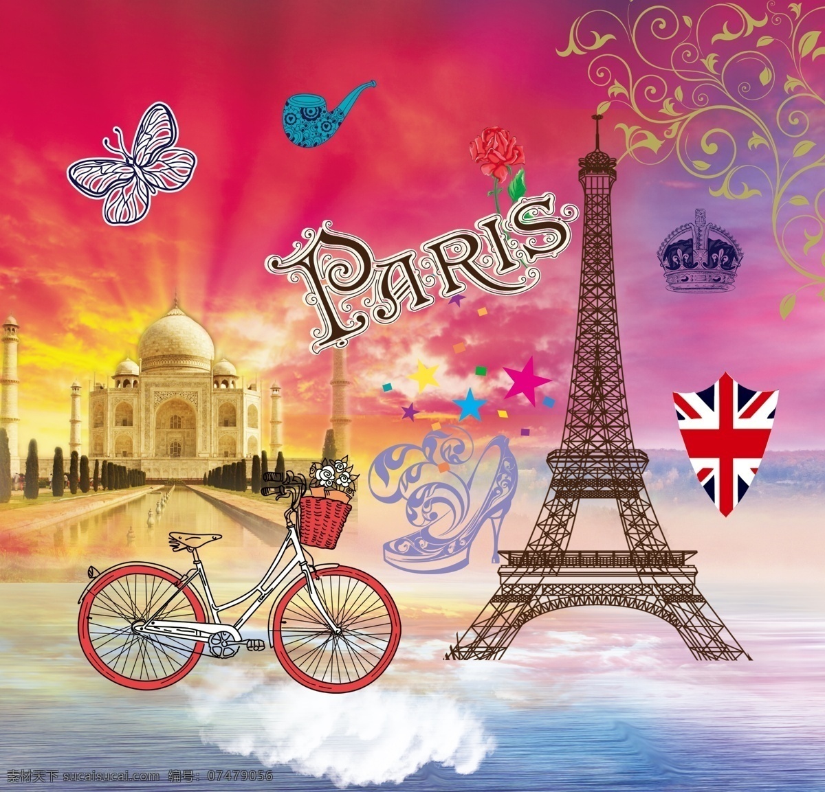欧美 风格 高清 欧美风格 欧美风情 欧美复古 艾菲尔铁塔 铁塔 巴黎铁塔 自行车 树叶 皇冠 分层 文化艺术 传统文化