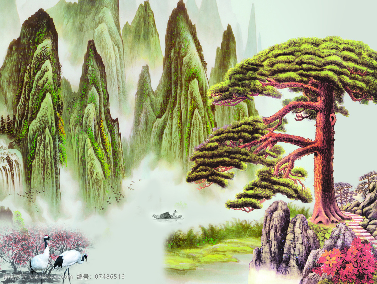 迎客松 仙鶴 紅樹 山水 風(fēng)景 國(guó)畫 移門 水墨 船 小船 松鶴延年 文化藝術(shù) 繪畫書法