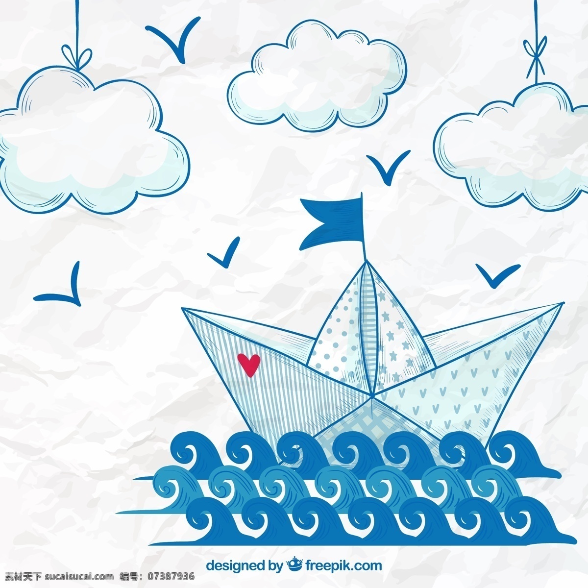 航海 帆船 矢量 水玉点 条纹 手绘 蓝色 高清图片