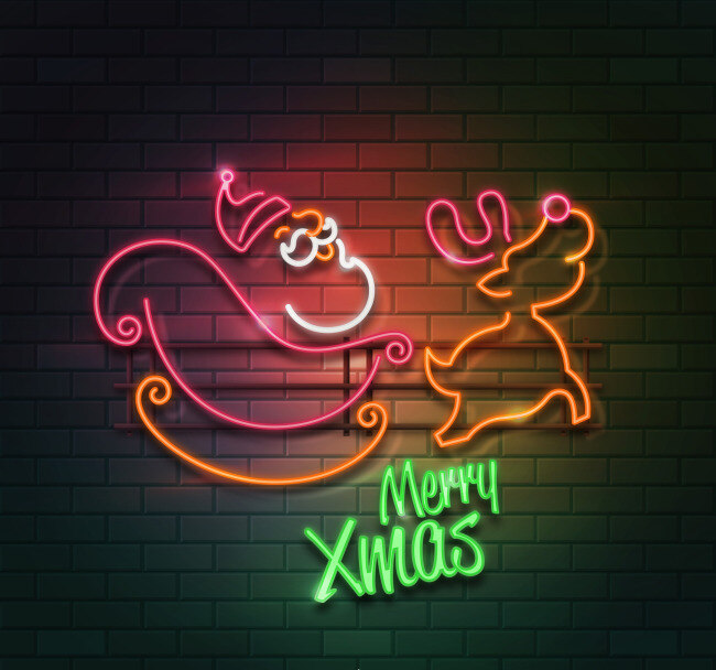 砖墙 上 圣诞 灯 写实 风格 背景 卡通素材 贴纸 贴纸素材 文字 元素 圣诞灯 霓虹灯文字 字母 小熊 动物