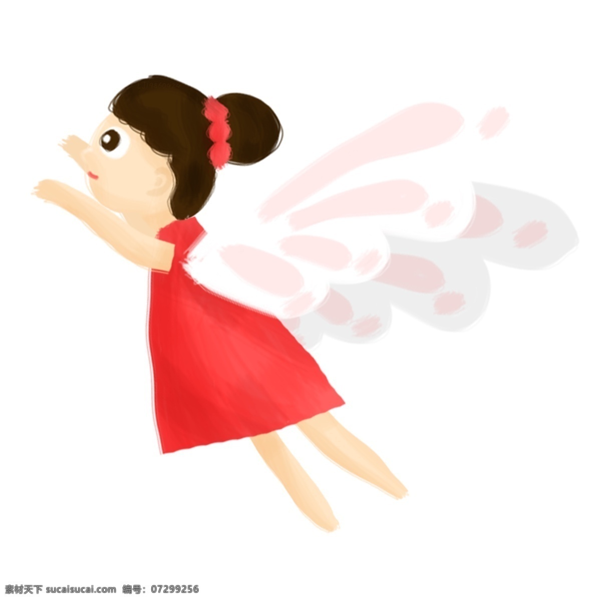 红 裙 精灵 女孩 手绘 插画 红裙 翅膀 丸子头 可爱 卡通 飞翔 夏季 春季 清新 唯美