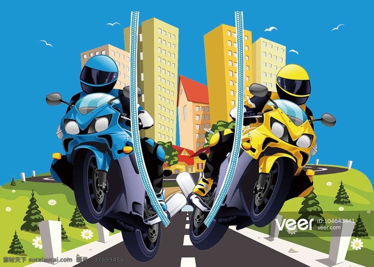 卡通 摩托车 高楼 背景图片 骑士 骑手 城市 道路 背景 男童裤 分层