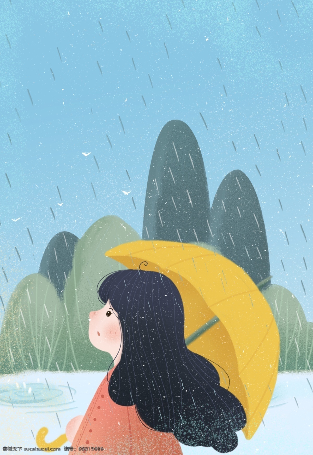 文艺 清新 可爱 少女 雨天 撑伞 背景 少女撑伞 下雨 雨季