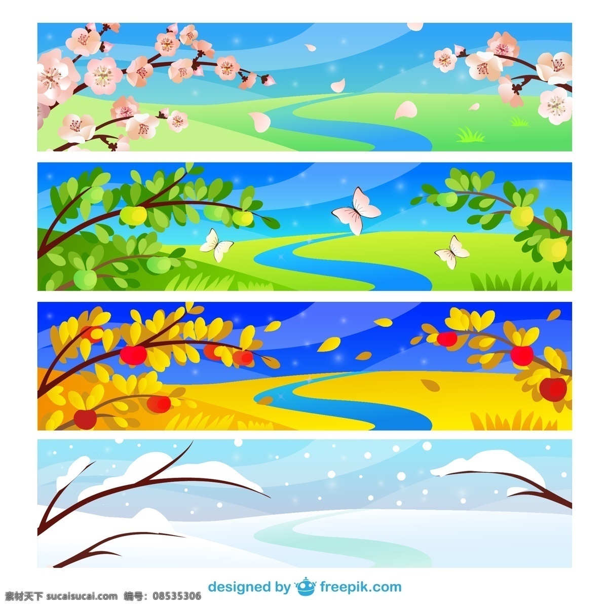 四季风景图片 矢量素材 花卉 夏季 春季 河流 秋季 矢量 高清图片