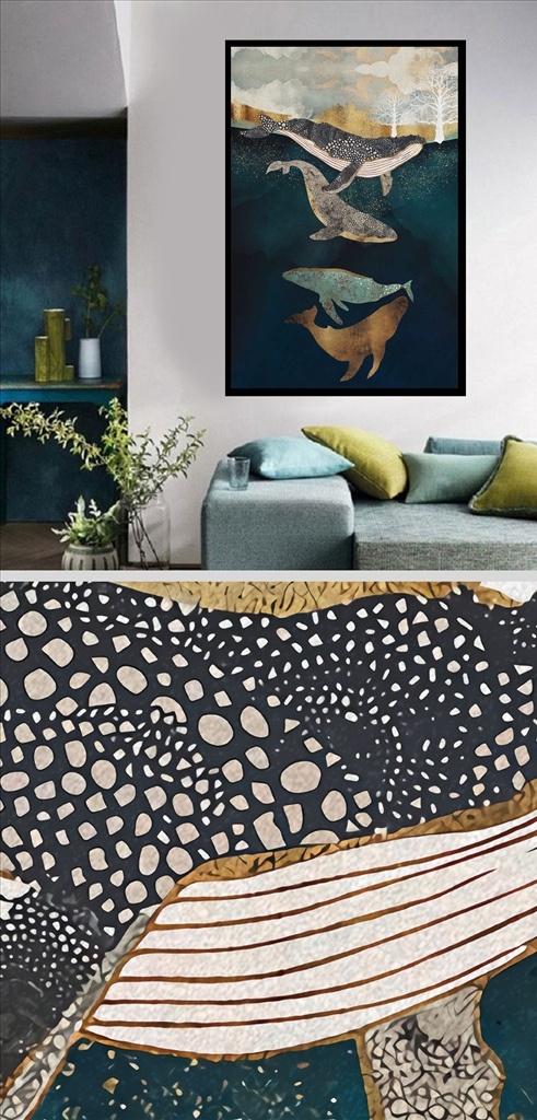 北欧 风格 抽象 大气 时尚 鲸鱼 单 联 无 客厅无框画 装饰画 鲤鱼 北欧风格 无框画 环境设计