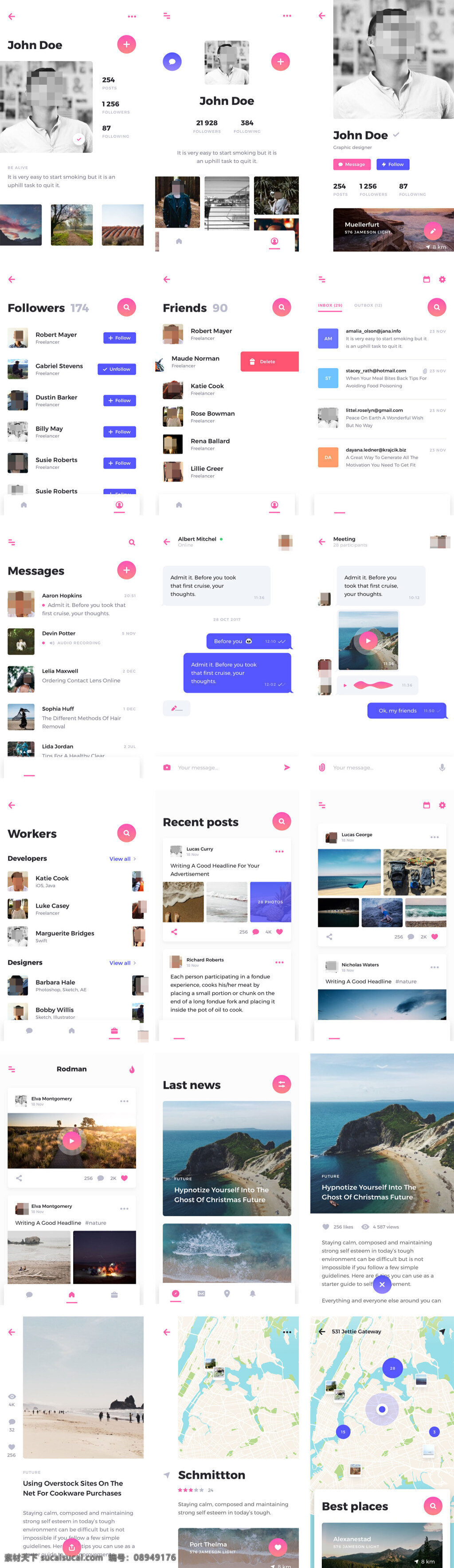 簡約 社交 應(yīng)用 界面 sketch 卡片 短信 定位 位置 新聞 聊天 多媒體 文章 消息 個人資料 關(guān)注