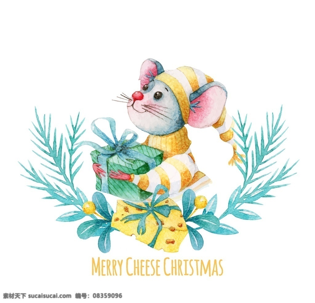 水彩绘圣诞节 抱礼物的老鼠 松枝 奶酪 merry christmas 水彩 圣诞节 礼物 礼盒 老鼠 怀抱 矢量图 eps格式