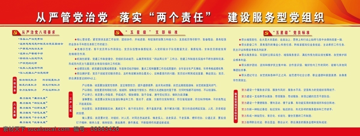 從嚴管黨治黨 落實兩個責任 黨的指導思想 黨徽 展板模版 黨建背景 三會一課 六權治本 六大發(fā)展 黨支部標準 黨員標準 五星級黨支部 五星級黨員 三會一課制度 宣傳欄 展板 黨建展板 政府機關展板 背景 依法治國 紅色 會議展板 展板設計 展板模板 廣告設計模板 思 雨 工作室 ps 篇 黃色