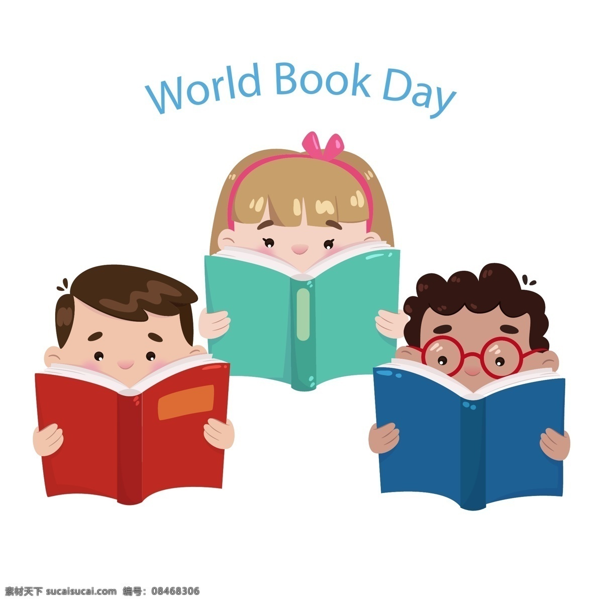 可爱 读书 儿童 矢量 世界图书日 男孩 女孩 书籍 world book day 动漫动画 动漫人物