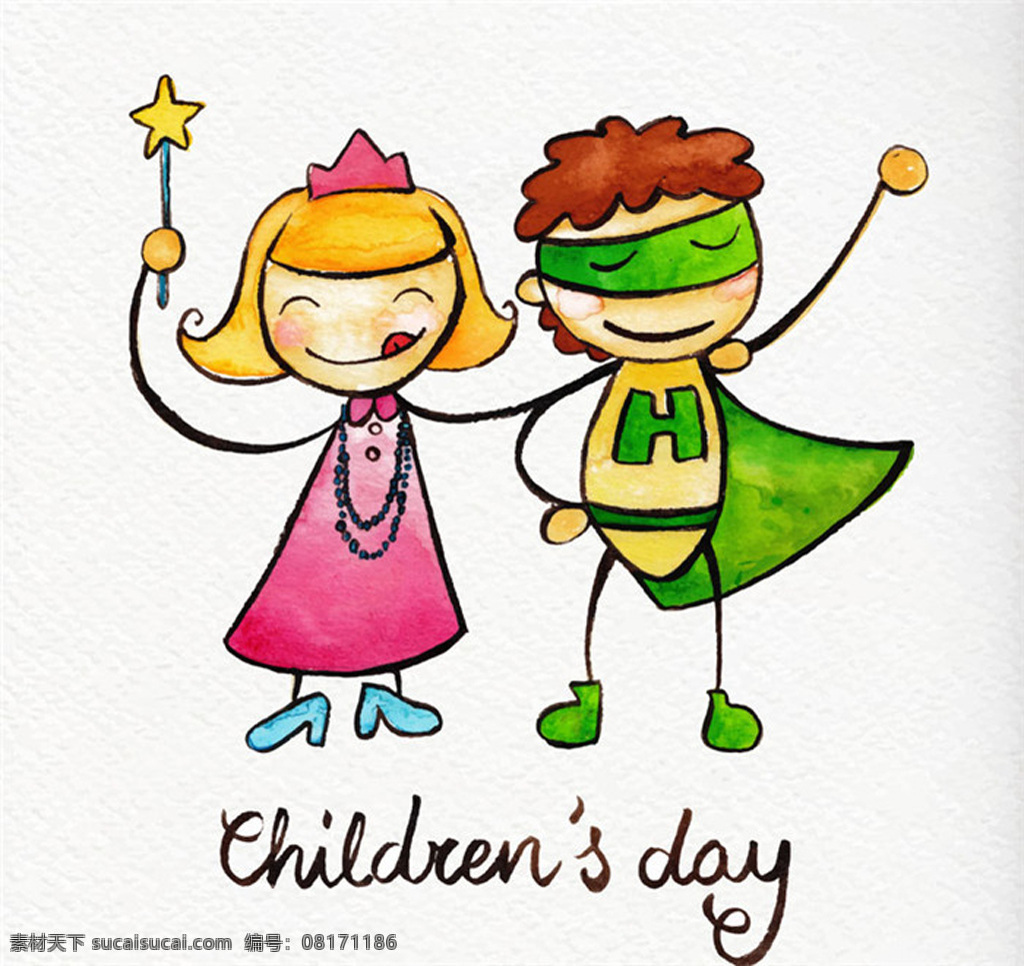 水彩画 六一儿童节 卡片 儿童节 女孩 男孩 魔法棒 罗宾逊 魔法 英雄 装扮 childrens day 矢量素材 白色