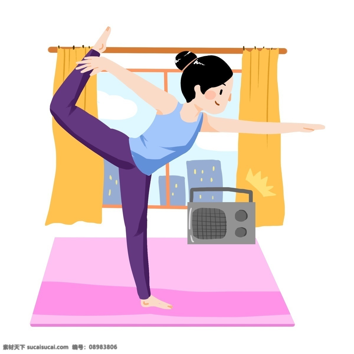 音乐 瑜伽 女孩 插画 练瑜伽的女孩 听音乐 紫色的瑜伽垫 黄色的窗帘 室内瑜伽 锻炼身体 健身女孩插画