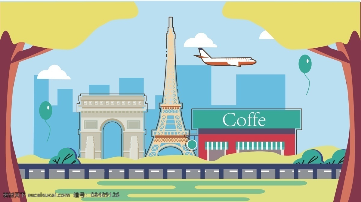 旅行 欧洲 巴黎 扁平化 矢量 插画 埃菲尔铁塔 城市 草地 凯旋门 咖啡店