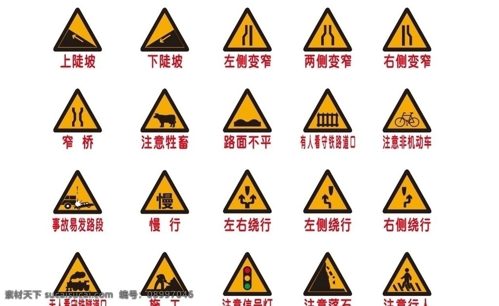 路牌 指示 標(biāo)志 警示 上陡坡 下陡坡 左側(cè)變窄 右側(cè)變窄 注意非機(jī)動(dòng)車 看守隧道口 慢行 左右繞行 左側(cè)繞行 右側(cè)繞行 施工 注意信號(hào)燈 注意行人 注意落石
