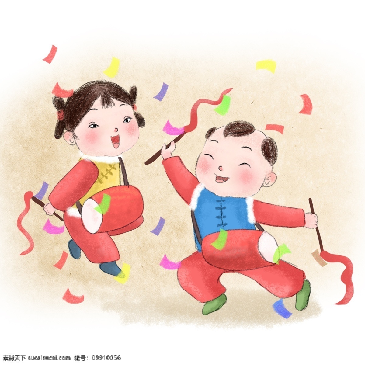 卡通 手绘 中国娃娃 过年 手绘闹新春 元旦 过新年 过大年 中国 复古 传统 打腰鼓 跳舞 水墨 国画风 传统节日