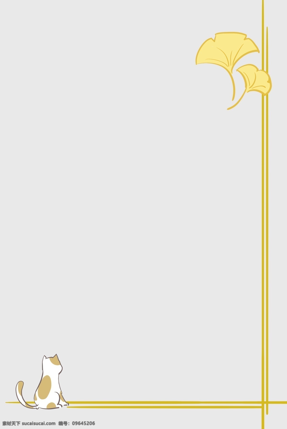 秋天 黄色 银杏叶 边框 金色 线条 条纹 猫咪 花猫 可爱 动物 招贴海报 装饰 插画 手账