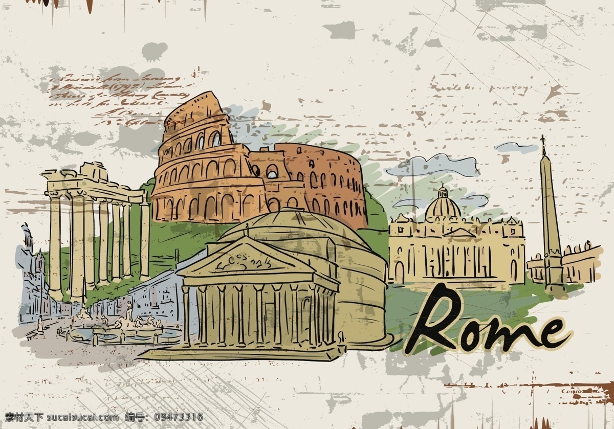 世界城市风光 罗马 世界城市掠影 手绘城市 世界风光 水彩画 绘画 世界风景 素描 世界旅游名胜 矢量 城市建筑 建筑家居