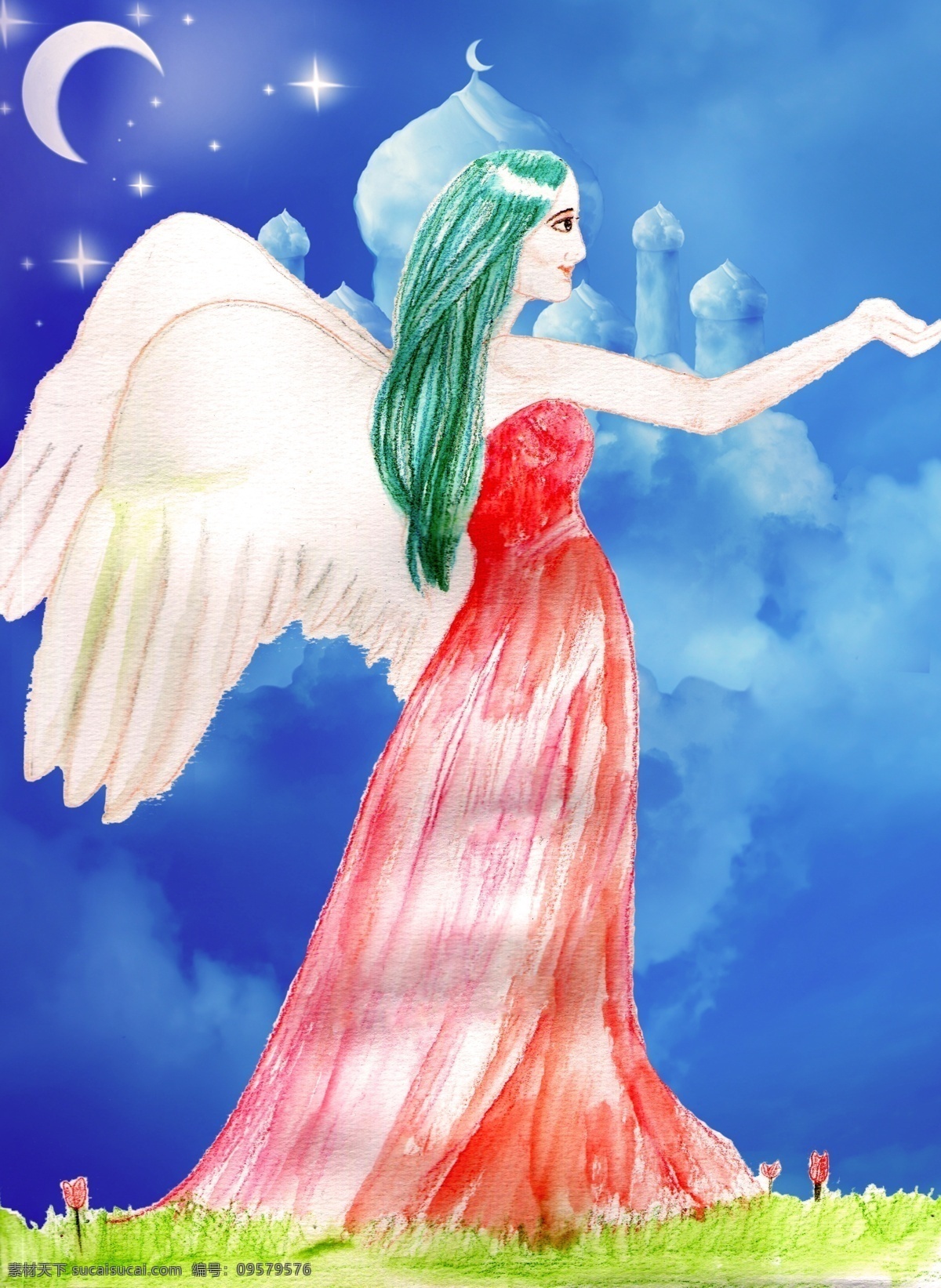 守护天使 守护 天使 绿头发 白色翅膀 星月 童话 仙女 纯手绘 彩色铅笔 水彩 蓝色