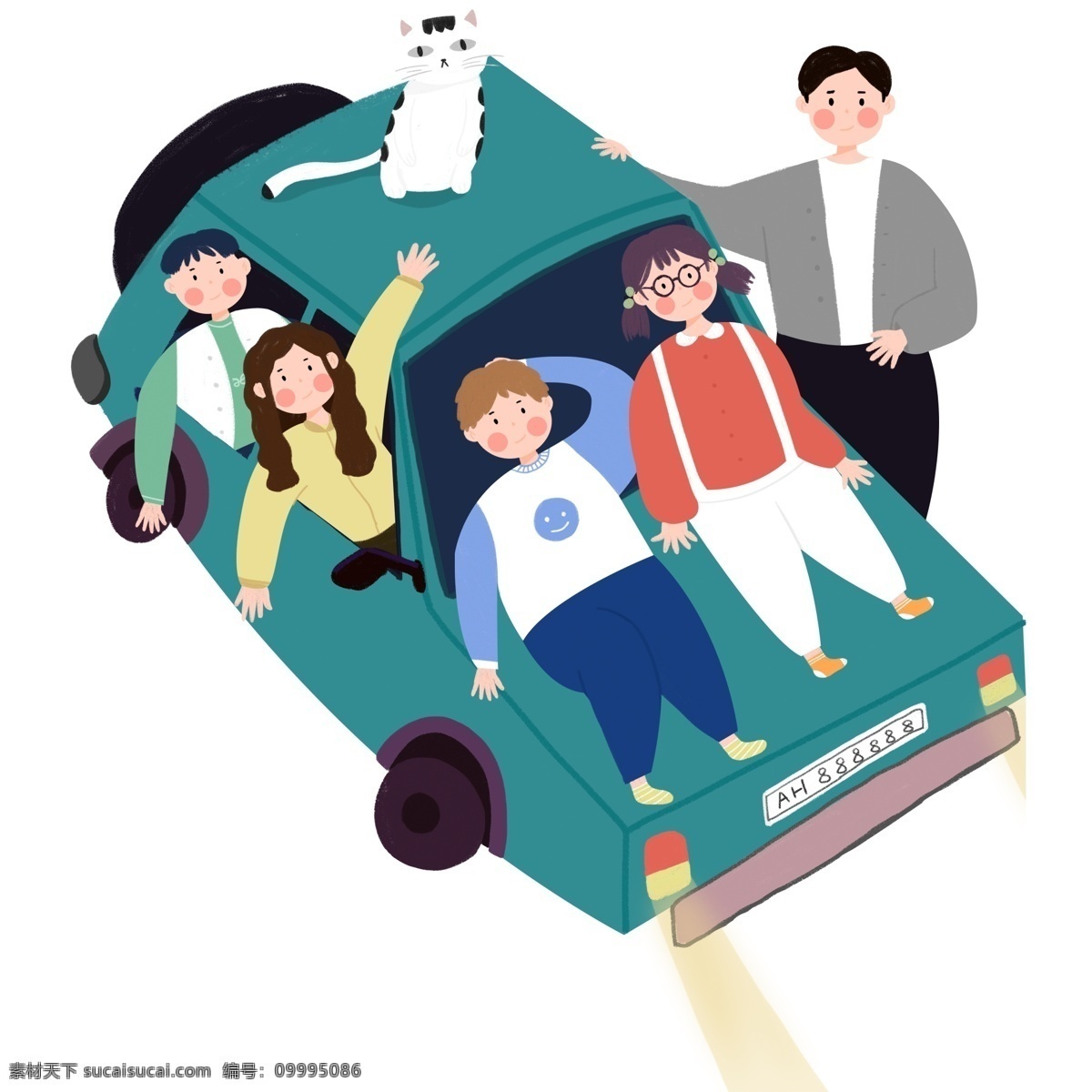 简约 一家人 坐在 车上 享受 度假 原创 元素 家人 旅行 汽车 学生 设计元素 爸爸 猫咪 原创元素