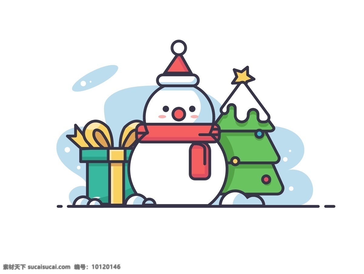 圣诞节雪人 礼物盒图片 圣诞节插画 雪人 礼物盒 松树 雪 蓝色 红色插画 圣诞元素 分层 背景素材