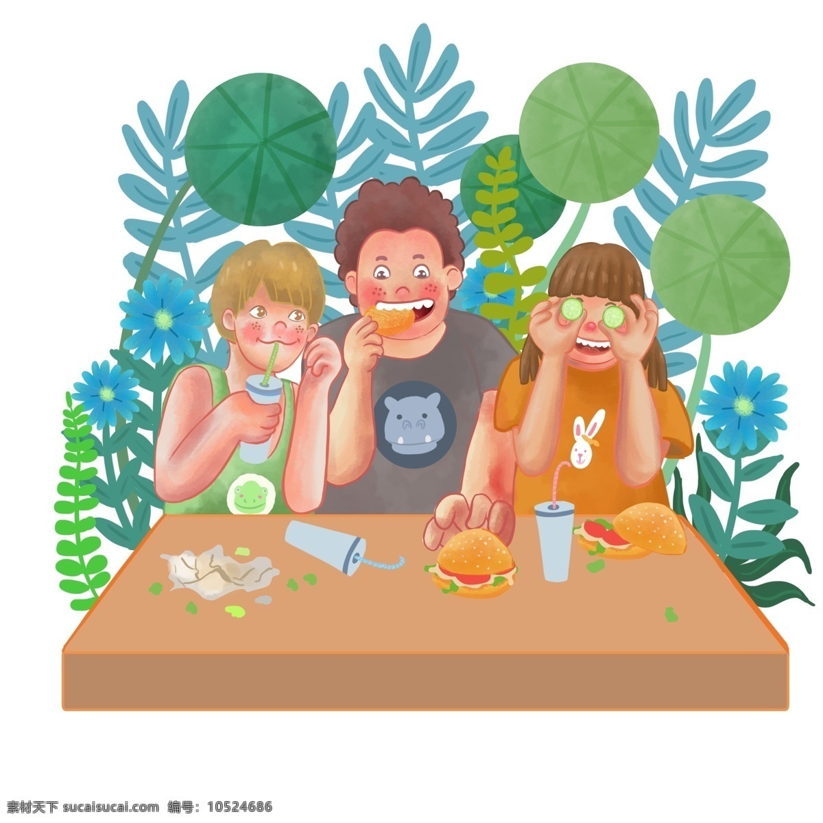 商用 高清 手绘 卡通 人物 童儿 一起 快乐 吃喝 卡通形象 可商用 植物 汉堡 饮料