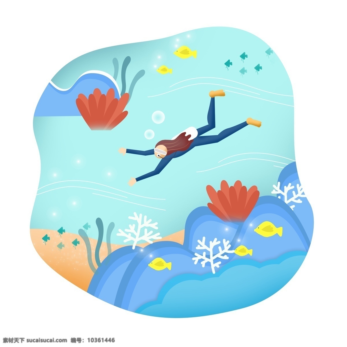 夏季 納涼 人物 避暑 潛水 游泳 手繪 場(chǎng)景 海底 納涼人 插畫
