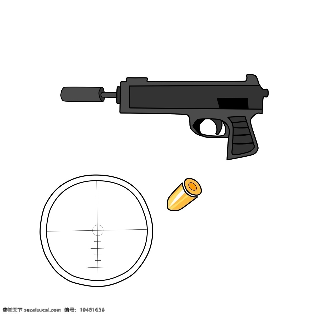 黑色 玩具 手枪 插画 玩具枪 黑色的手枪 手枪插画 玩具手枪插画 卡通玩具插画 黄色的子弹头