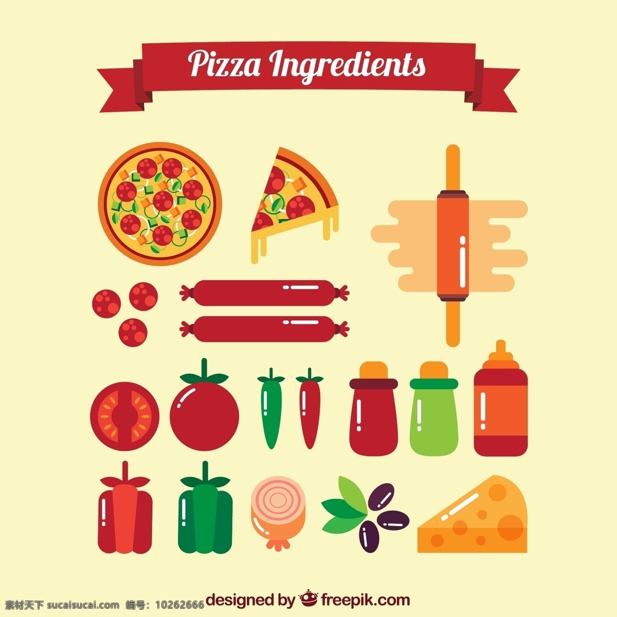 款 扁平化 意大利 披萨 原料 矢量图 美食 香肠 蔬菜 奶酪 美味