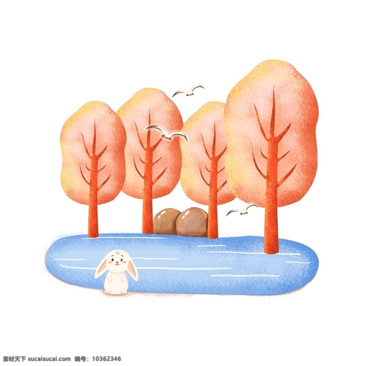 植物 樹 湖泊 兔子 自然 裝飾 手繪 夢幻 商用 元素 鳥 石頭 可愛 湖 溫暖 治愈 卡通
