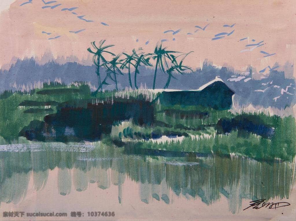 河流 小屋 印象 写意 水彩画 风景 画 树木 水彩 文化艺术