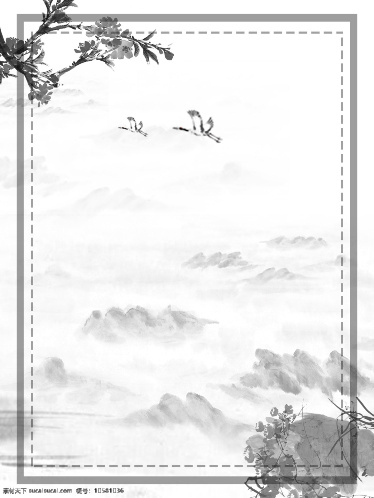 中國 風(fēng) 水墨 仙鶴 桃花 枝 山水 邊框 背景 中國風(fēng)