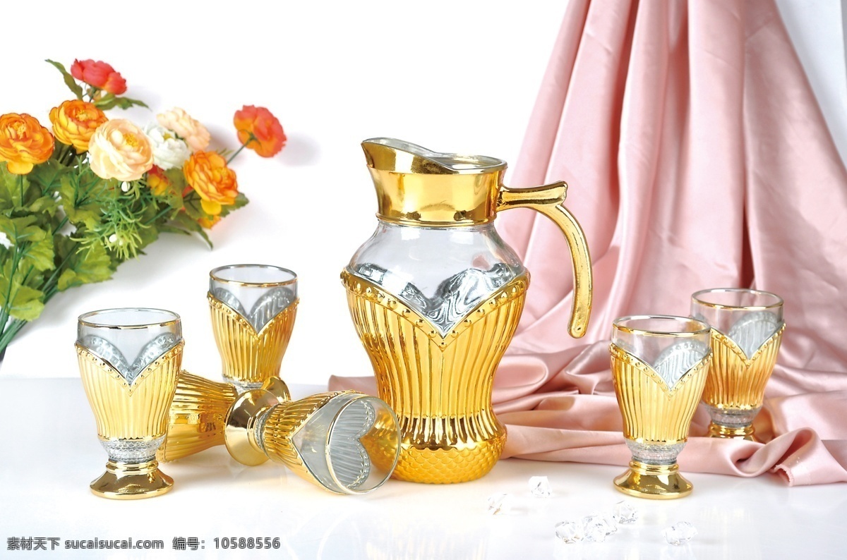 杯壺組合 玻璃杯 玻璃壺 鍍金 電鍍玻璃 噴色玻璃 玻璃花紋 攝影布景 餐具廚具 攝影圖 餐飲美食
