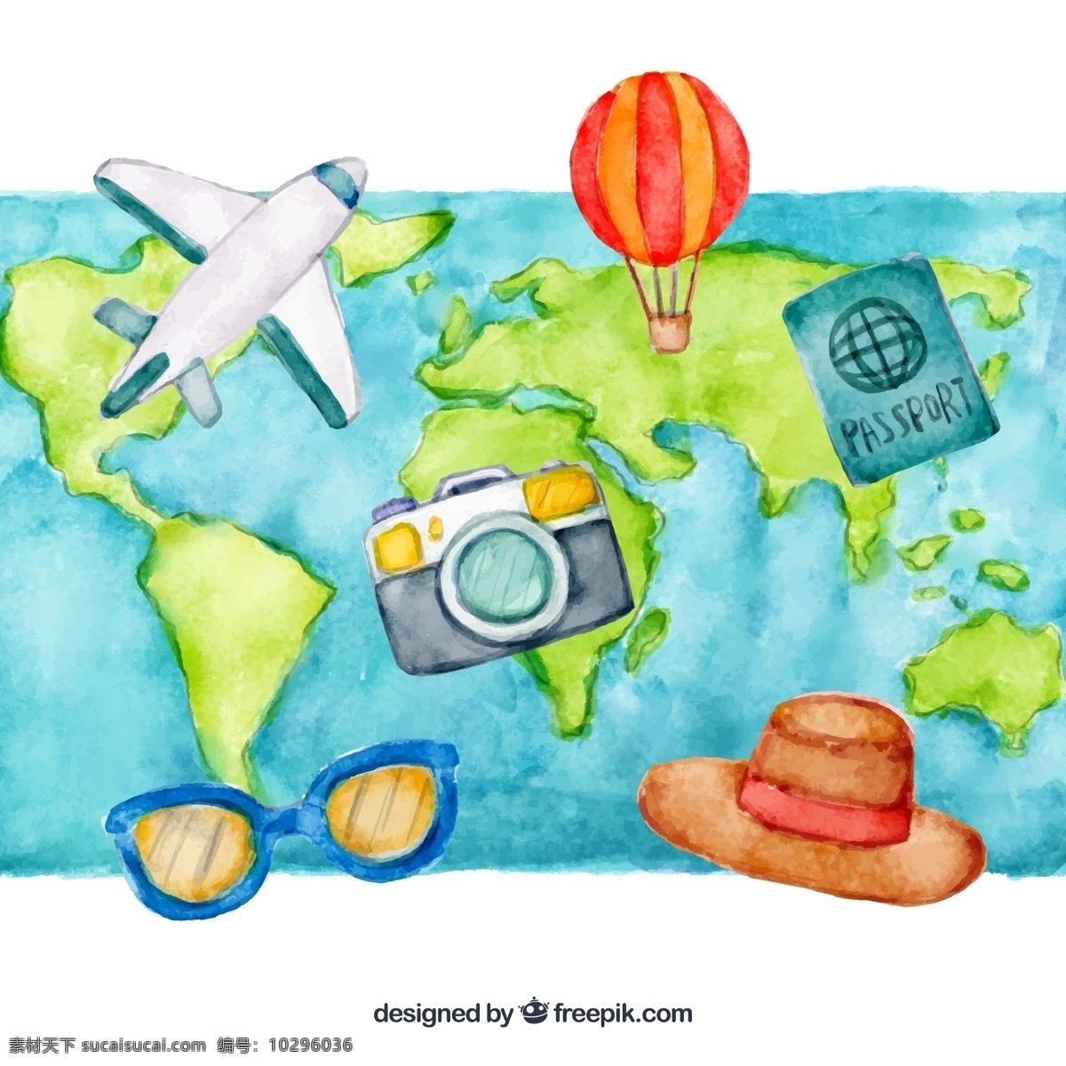 彩绘 世界地图 旅行 元素 度假 世界 地图 沙滩帽 陆地 护照 海洋 太阳镜 照相机 旅游 热气球 飞机 动漫动画 风景漫画