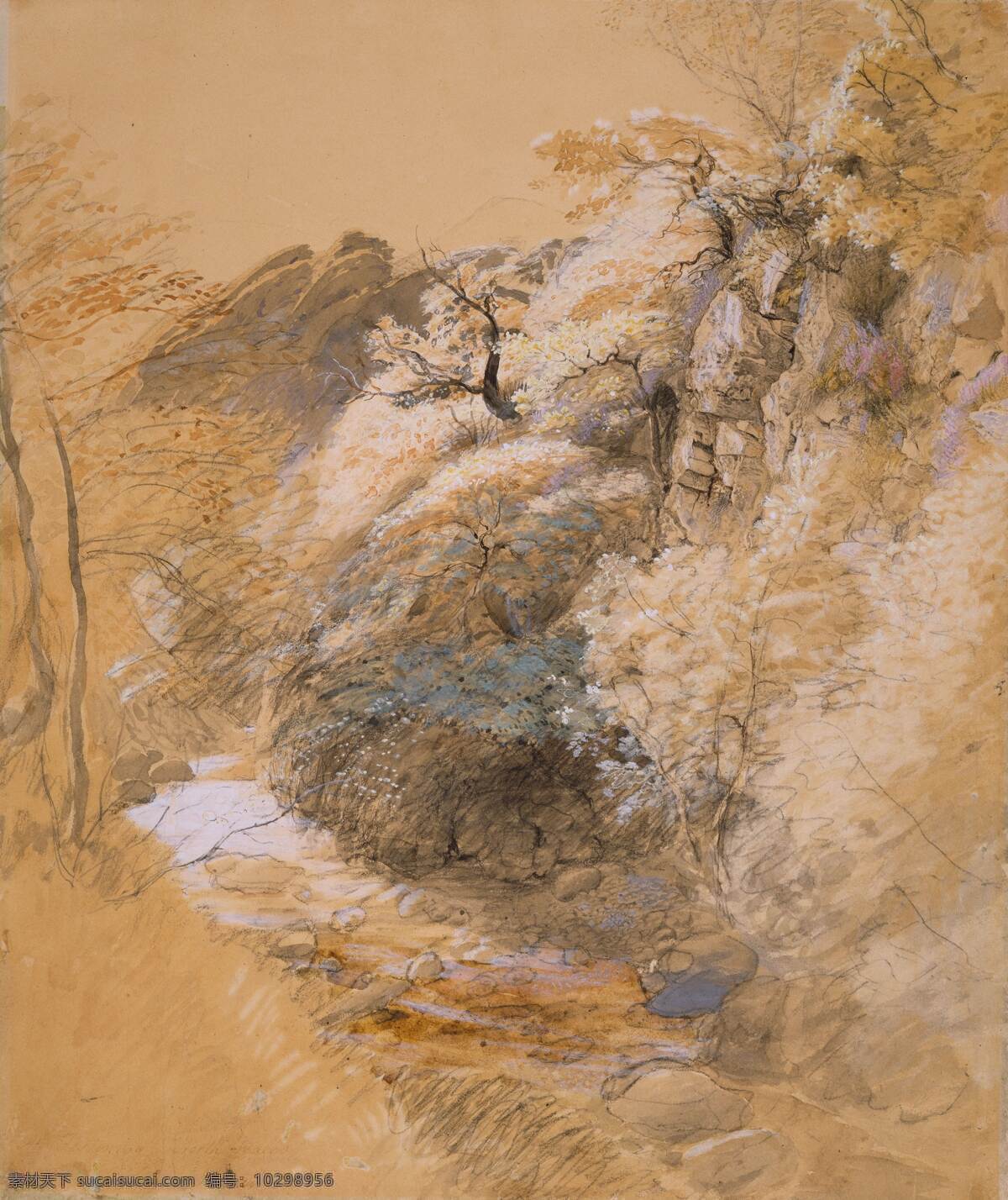 手绘 插画 秋天 风景 艺术 装饰 黄色 山 河流 山谷 抽象 绘画 文化艺术 绘画书法
