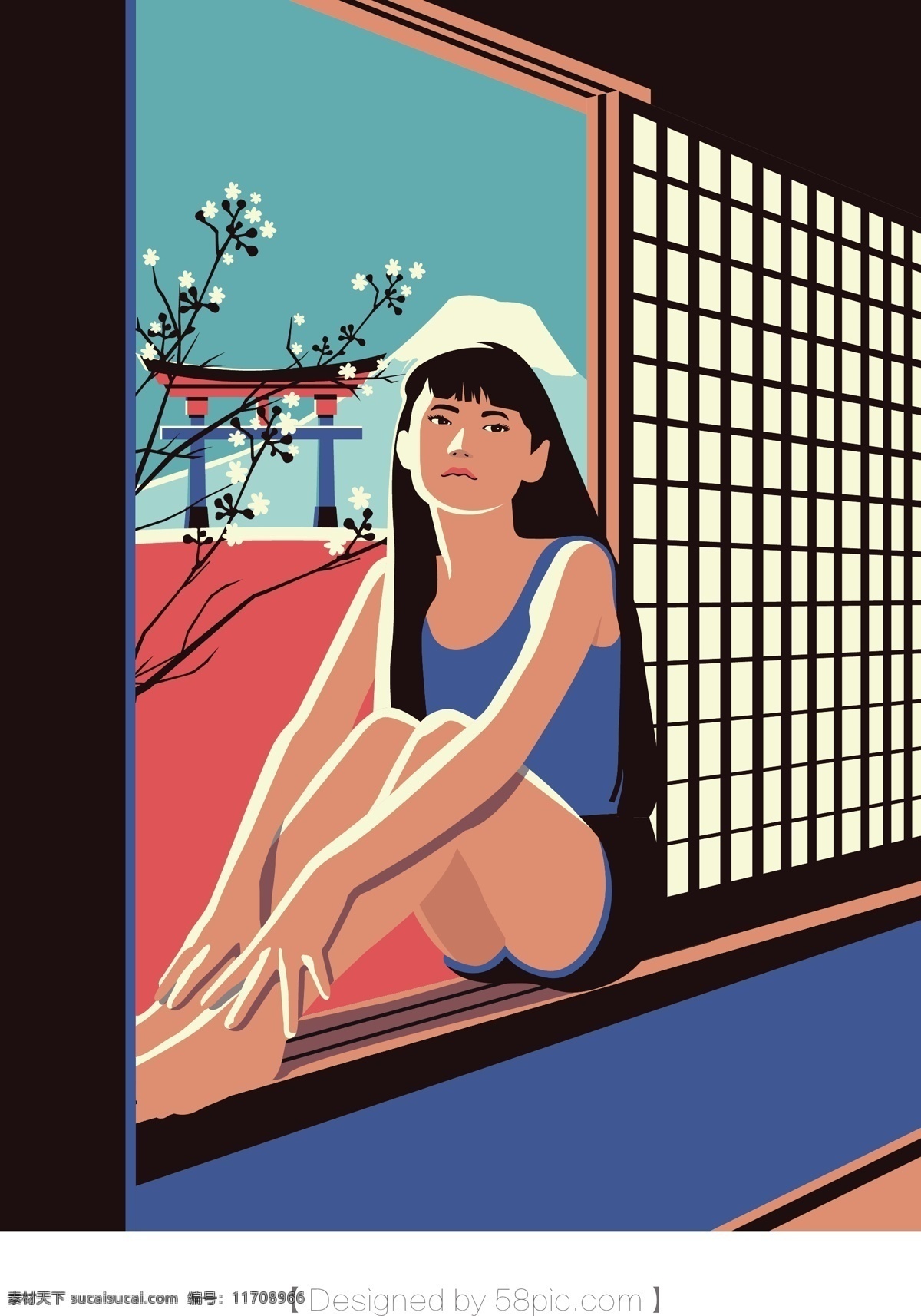 美景 日本 游 个人 旅行 原创 插画 人物 少女 矢量插画 商业插画 海报插画