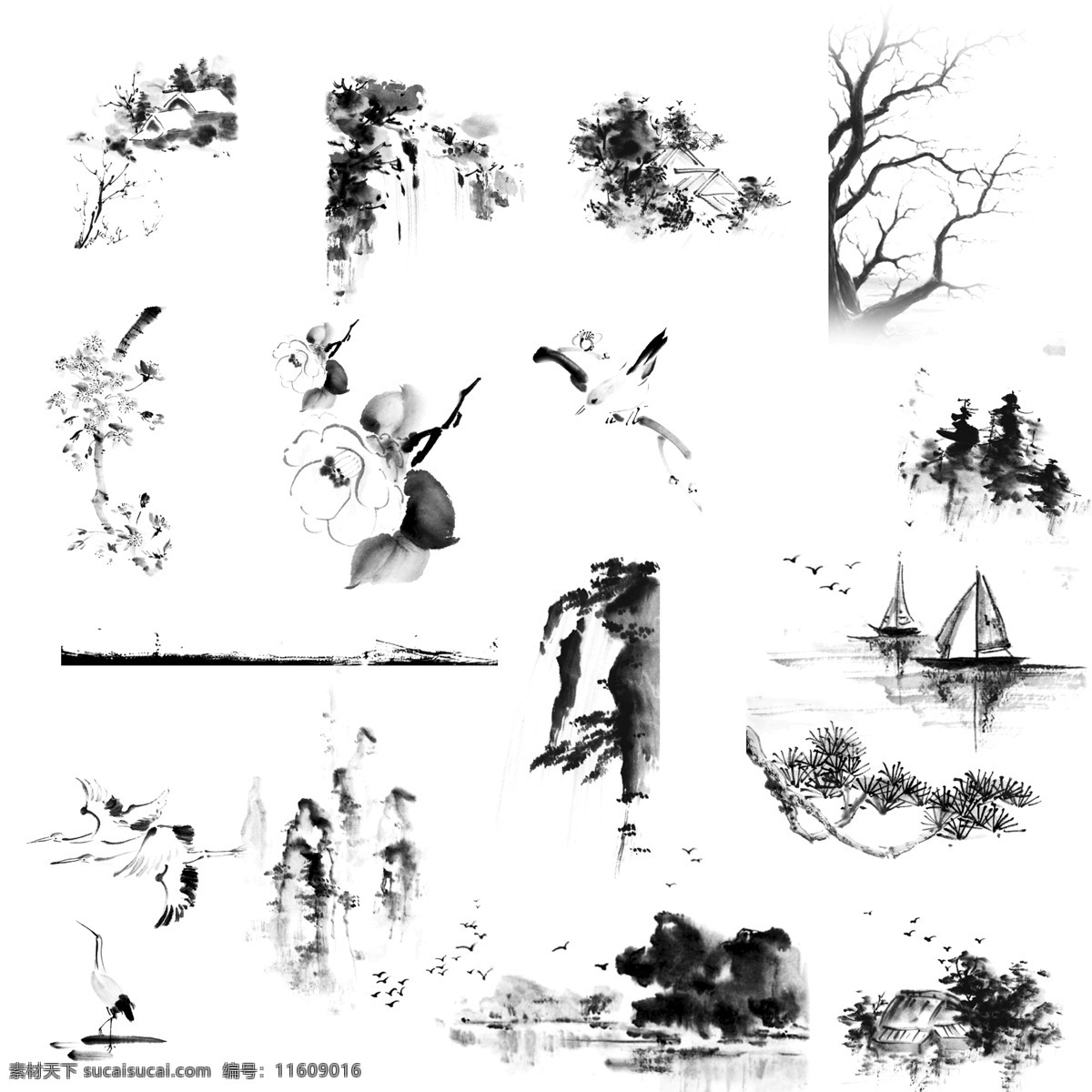 水墨山 水畫素材 水墨畫 山水畫 國(guó)畫 毛筆字 樹木 樹枝 高山 湖水 河流 小鳥 桃花 松樹 瀑布 懸崖 帆船 小舟 仙鶴 丹頂鶴 房子 茅屋 樹林 分層 源文件