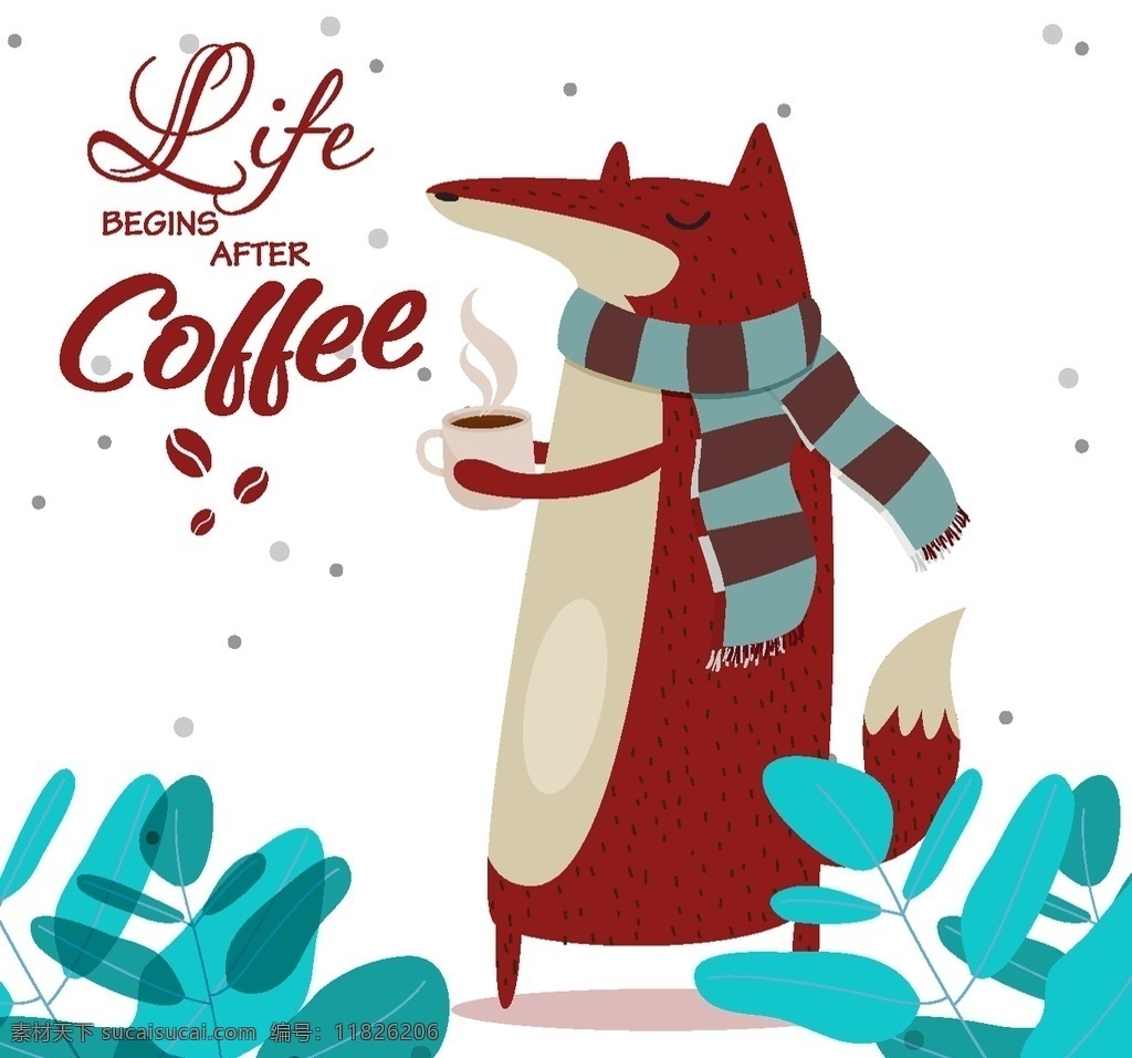 创意喝咖啡 的狐狸 矢量素材 灌木 创意 咖啡 狐狸 咖啡豆 雪花 冬季 围巾 咖啡杯 温暖 树叶 矢量图 ai格式