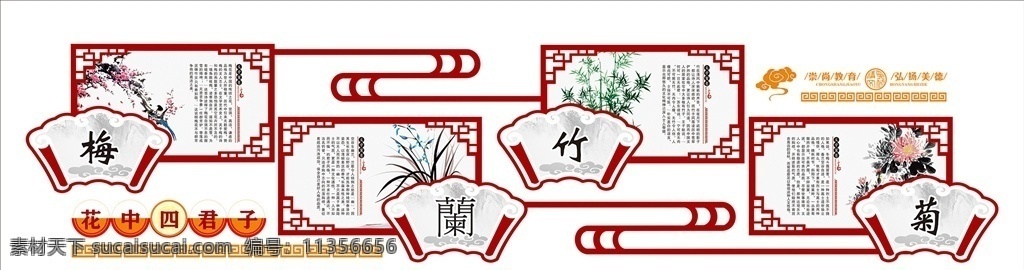 校園文化 梅蘭 竹 菊 梅蘭竹菊 文化墻面 異形 邊框 古典 線條 花中四君子 校園文化設(shè)計(jì)