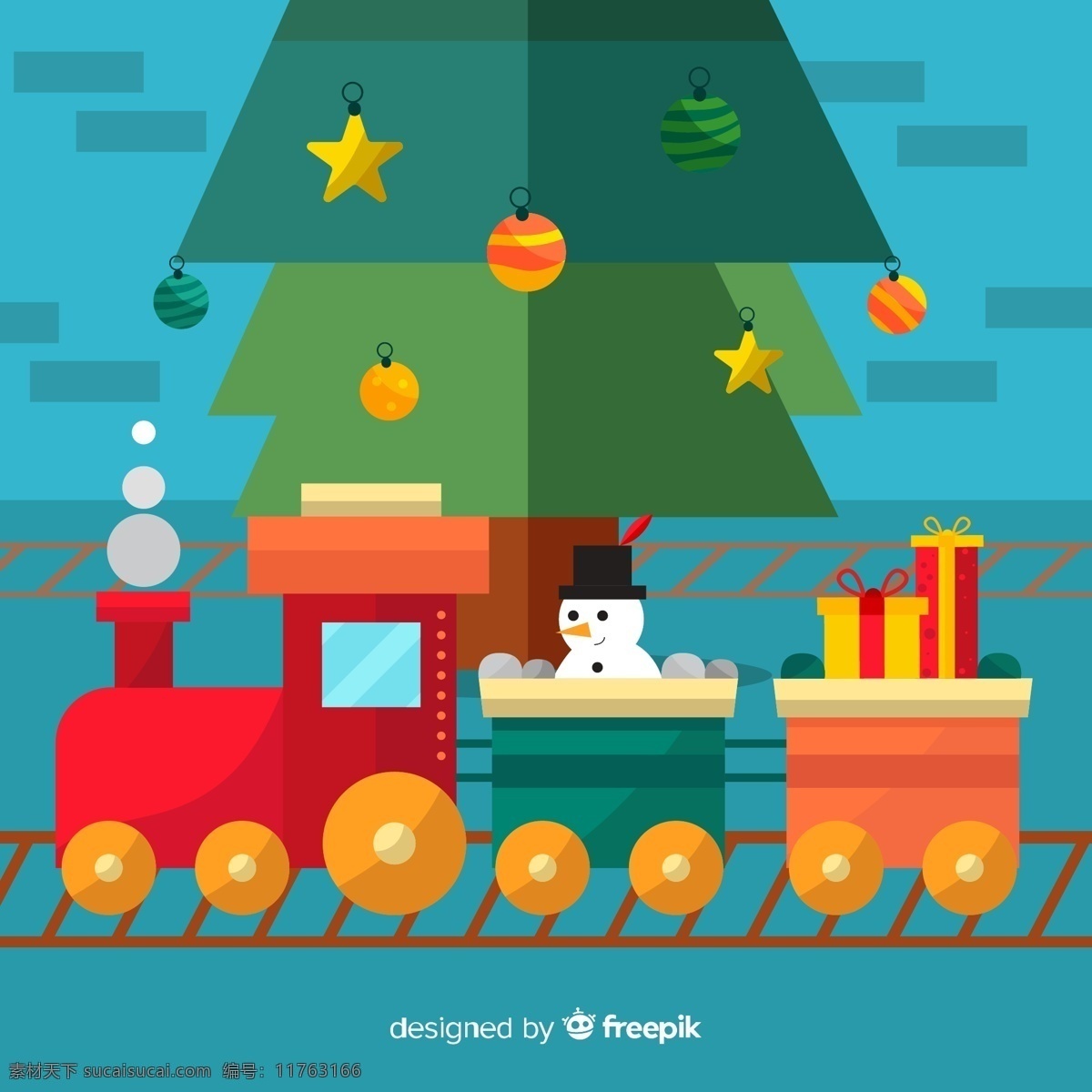 圣诞节 玩具 火车 扁平化 圣诞树 雪人 矢量 高清图片