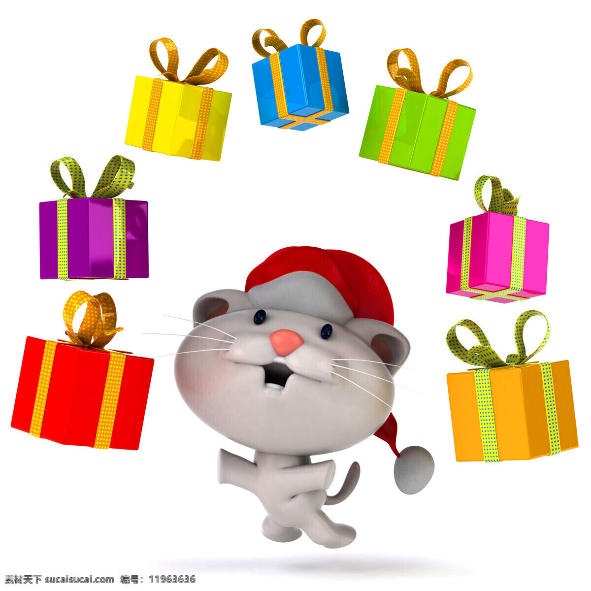 礼物 盒 戴 圣诞 帽子 老鼠 礼物盒 戴圣诞帽子 3d动物 陆地动物 生物世界
