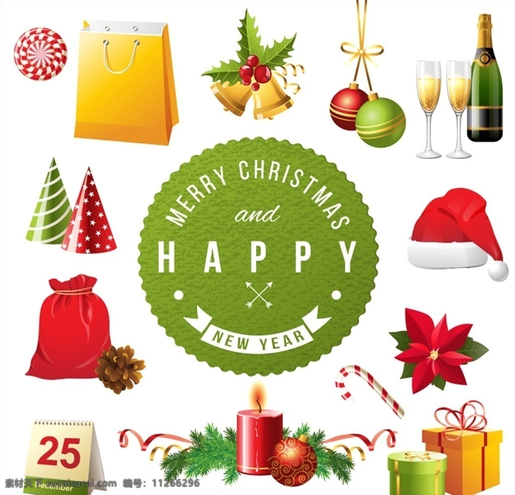精美 圣诞 元素 糖果 购物袋 礼品袋 铃铛 圣诞球 香槟酒 矢量 高清图片