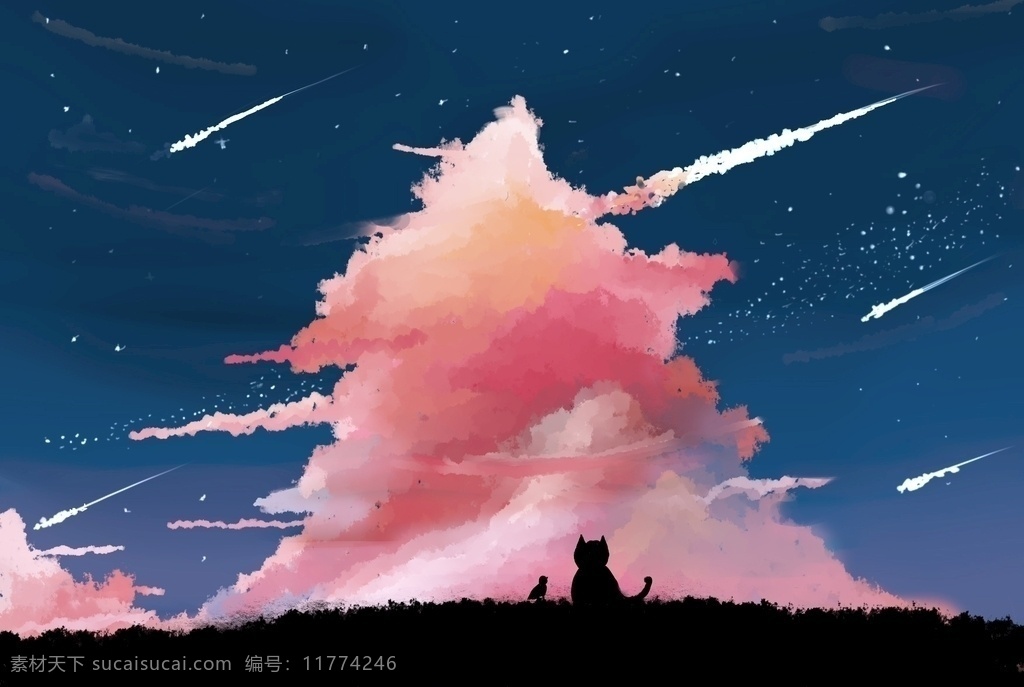 星云与猫图片 星空 猫 流星 插画 云彩 文化艺术 绘画书法