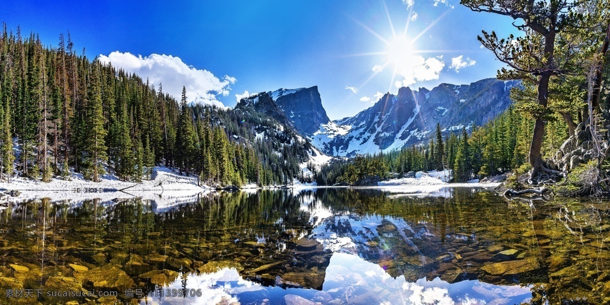 雪山 森林 平静 湖面 倒影 平静湖面倒影 雪山森林 湖面倒影 镜面湖 湖水 蓝天白云 阳光 摄影图 自然景观 自然风景