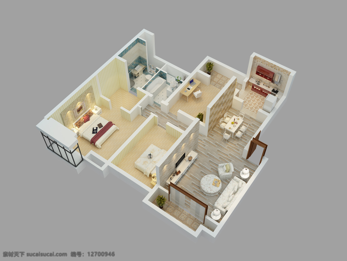 三维 彩色 户型 图 3dmax 三维户型图 三维图 户型图 套房 房子 室内 布局 3d作品 3d设计 木纹砖 仿古砖 简洁风格