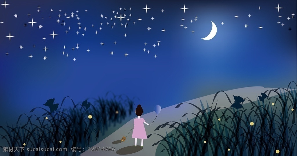 滿天 繁星 夜空 草地 月亮 下 女孩 遛 狗 滿天繁星 遛狗 動(dòng)漫動(dòng)畫 風(fēng)景漫畫
