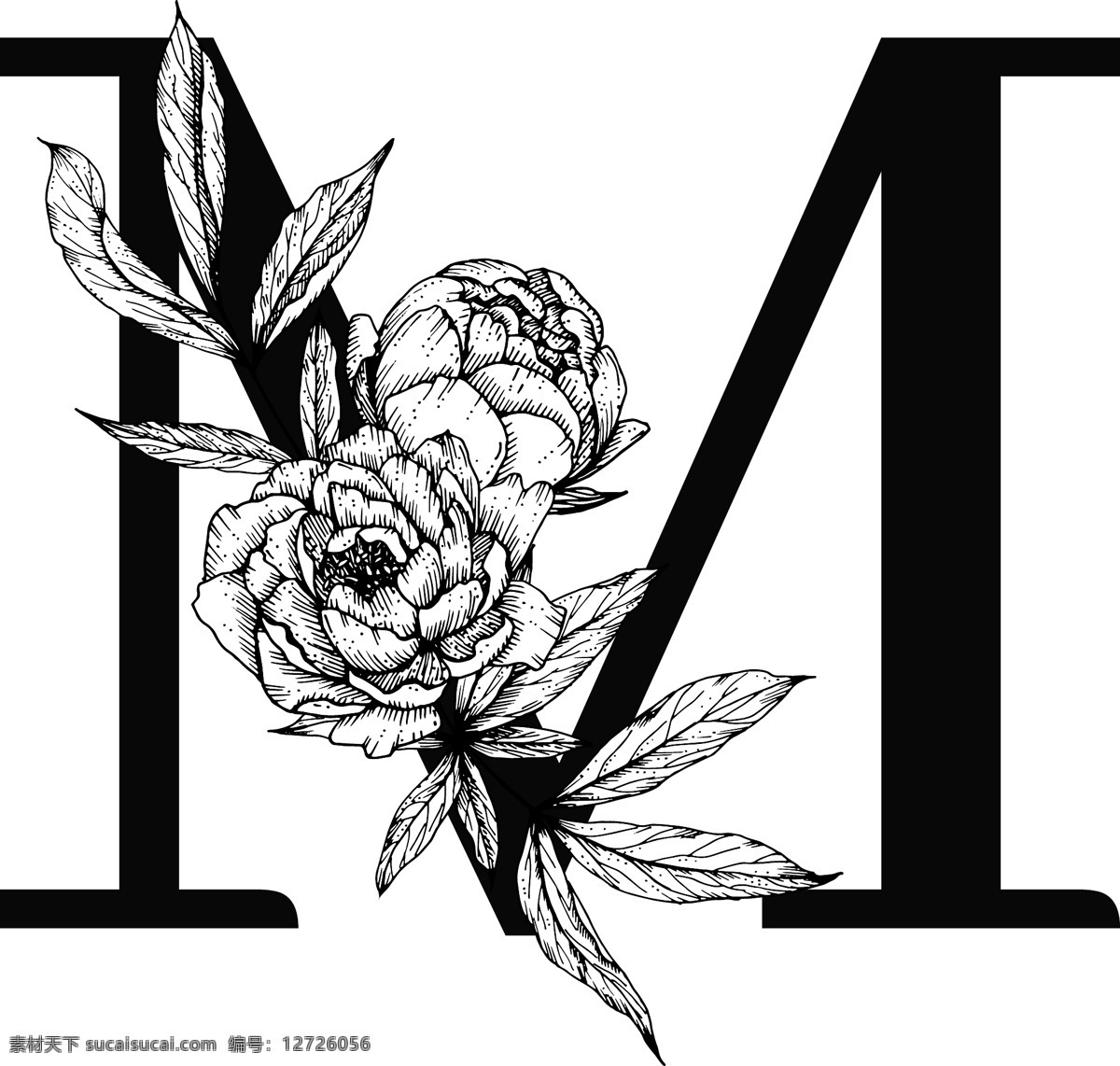 花卉装饰字母 字母m 黑白线描花朵 英文 字母 字体 花朵 鲜花 黑白 线描 素描 白描 创意设计 设计素材 矢量图 矢量素材 文化艺术 矢量 传统文化
