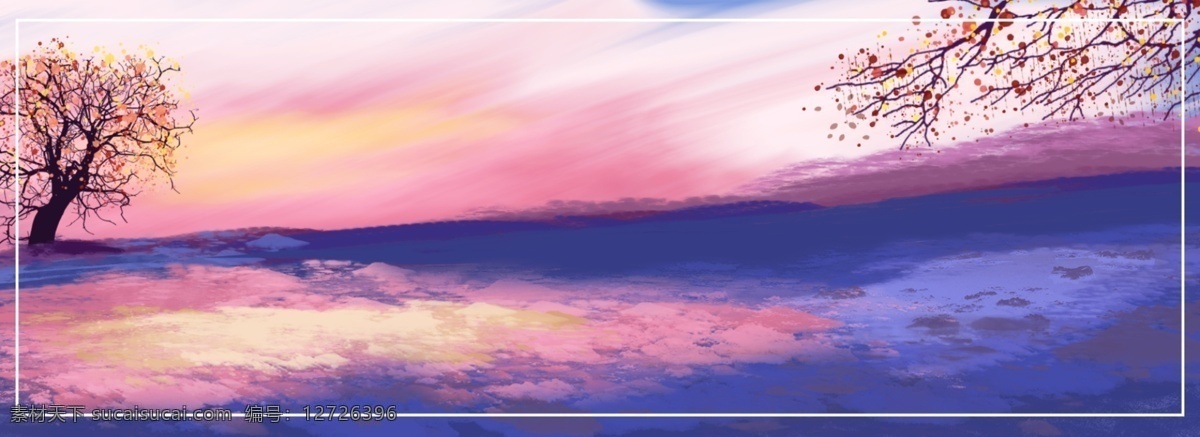 全 原创 浪漫 夕阳 河边 背景 创意 树枝 唯美 紫色 天空 浪漫夕阳 粉色 树 手绘 彩霞