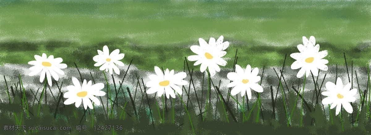 banner 绿色 自然 花卉 白花 草地 河边 背景 植物 手绘 草原