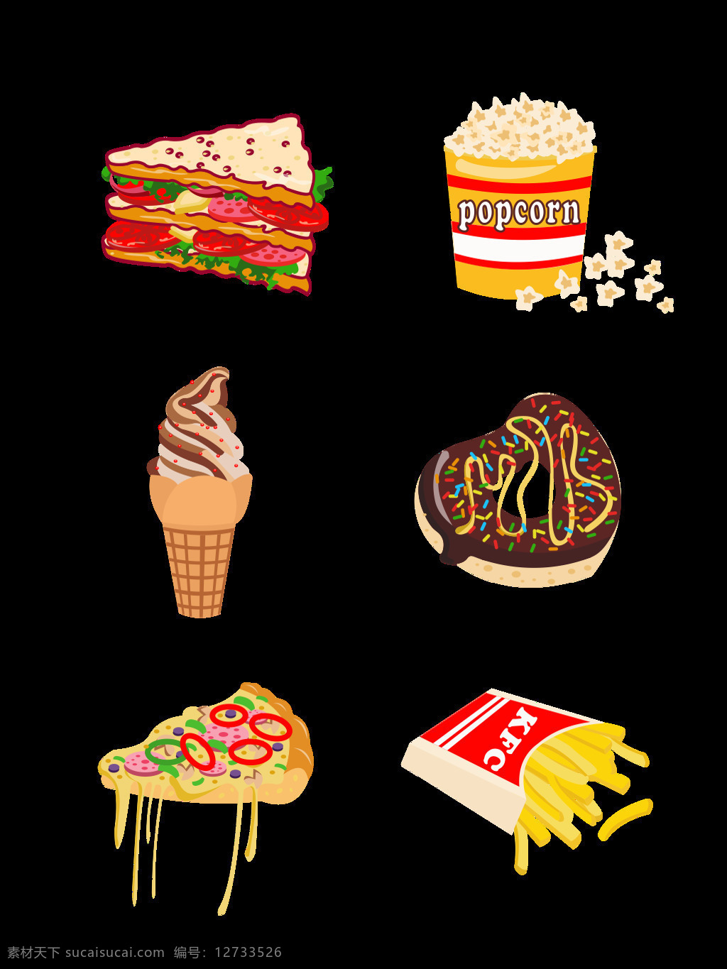 卡通 可爱 美食 元素 套 图 卡通可爱 爆米花 冰淇淋 披萨 元素设计 三明治 甜甜圈 薯条
